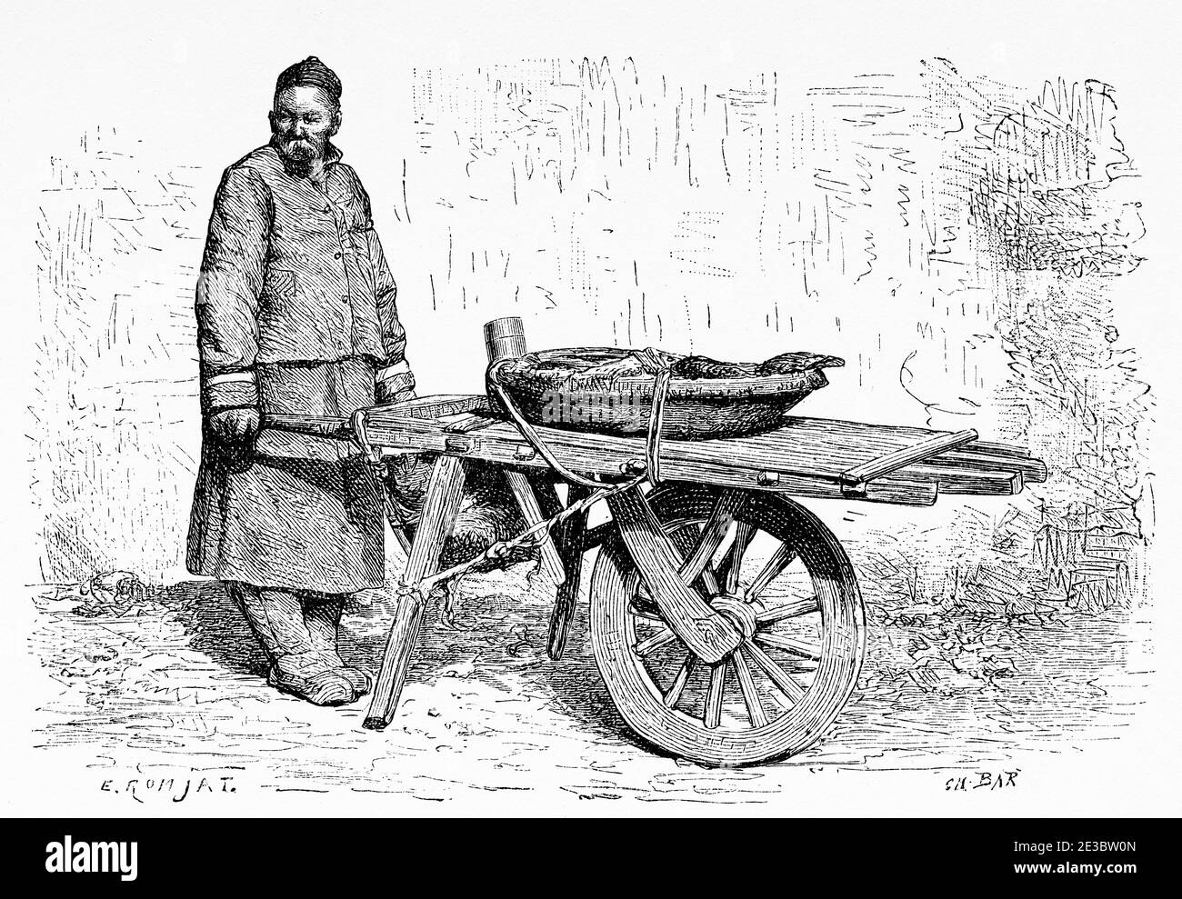 Fruit vendor at Donghuamen market, Beijing, China. Old 19th century engraved illustration, Trip to Beijing and North China 1873 Stock Photo