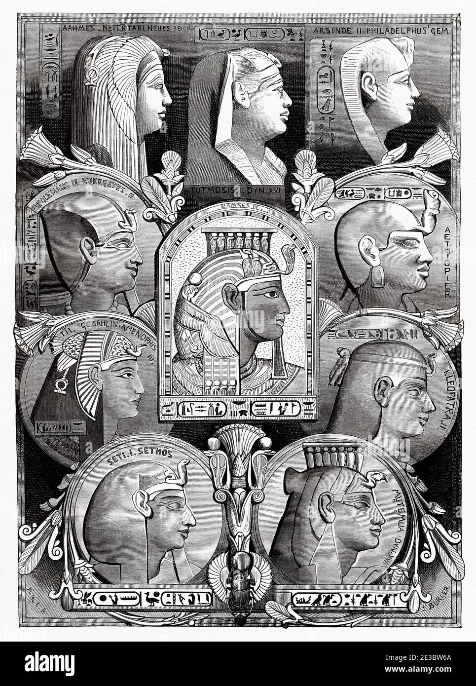 Portraits Pharaohs of Ancient Egypt. Old 19th century engraved illustration, El Mundo Ilustrado 1880 Stock Photo
