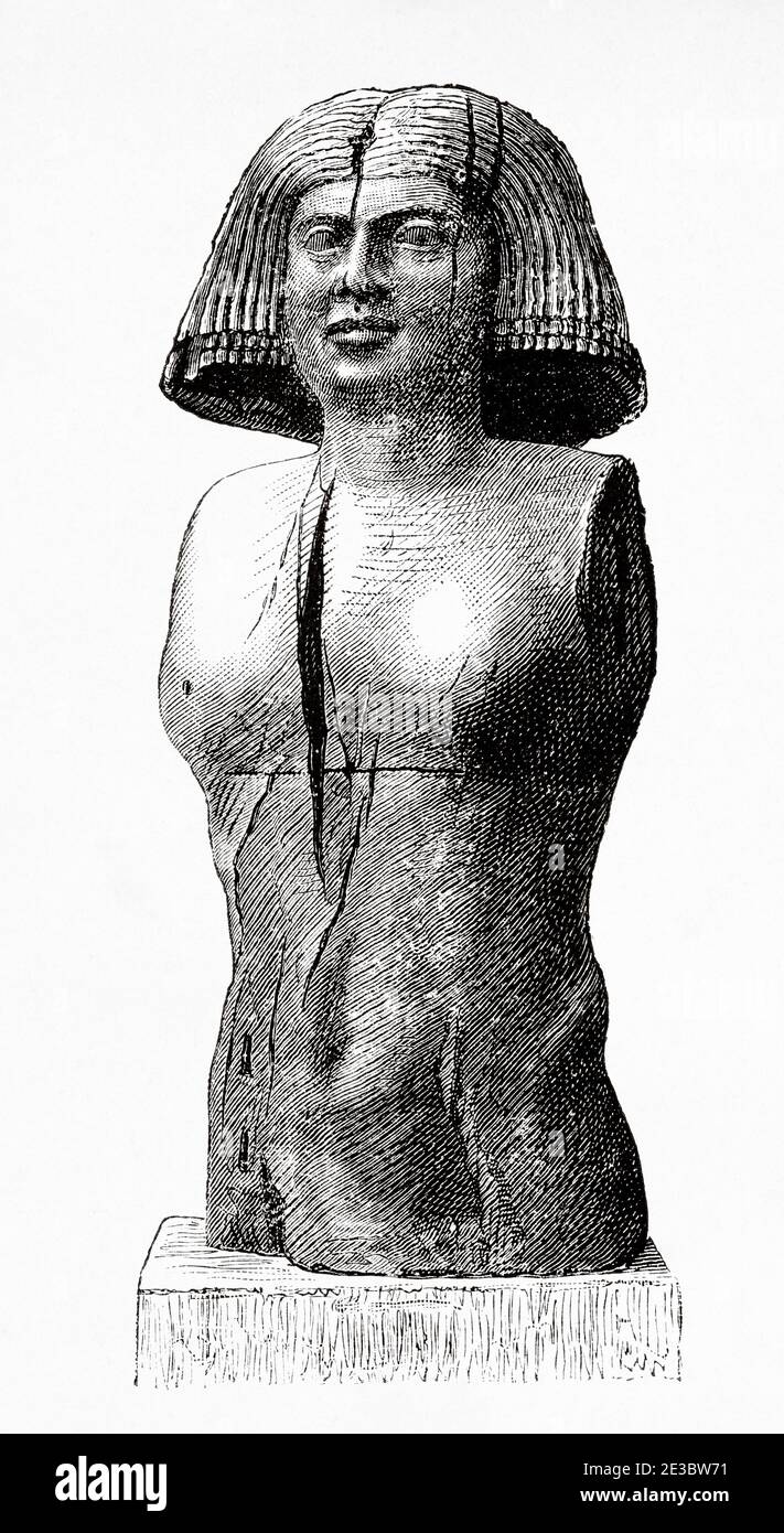 Bust of Ka-Aper wife wooden statue from Mastaba tombin Saqqara. Egyptian Civilisation, Old Kingdom, Dynasty V. Cairo, Egyptian Museum, Ancient Egypt. Old 19th century engraved illustration, El Mundo Ilustrado 1880 Stock Photo
