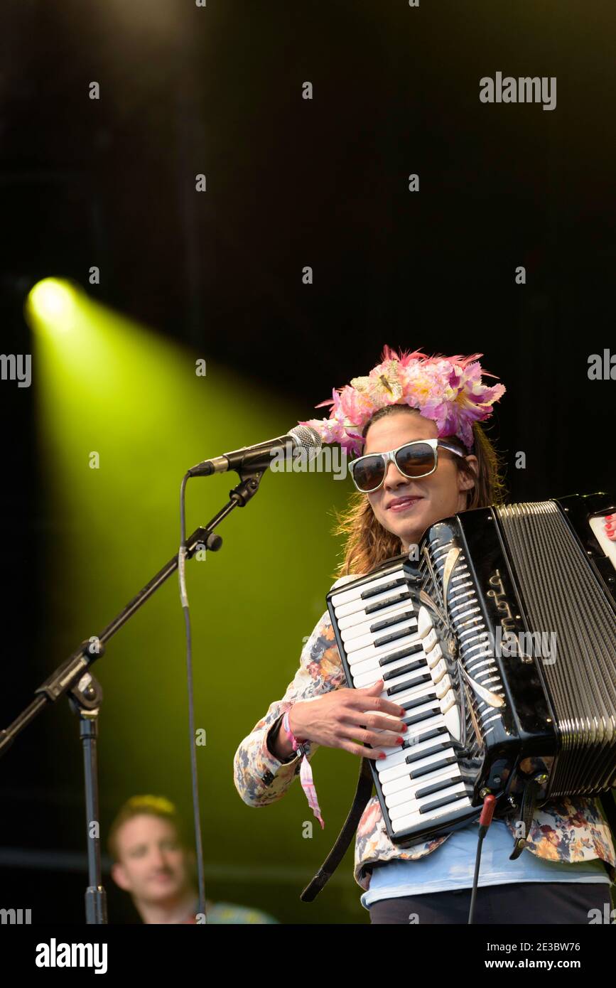 Natalia Tena of Molotov Jukebox performing at the Womad Festival, Charlton Park, UK. July 24, 2015 Stock Photo