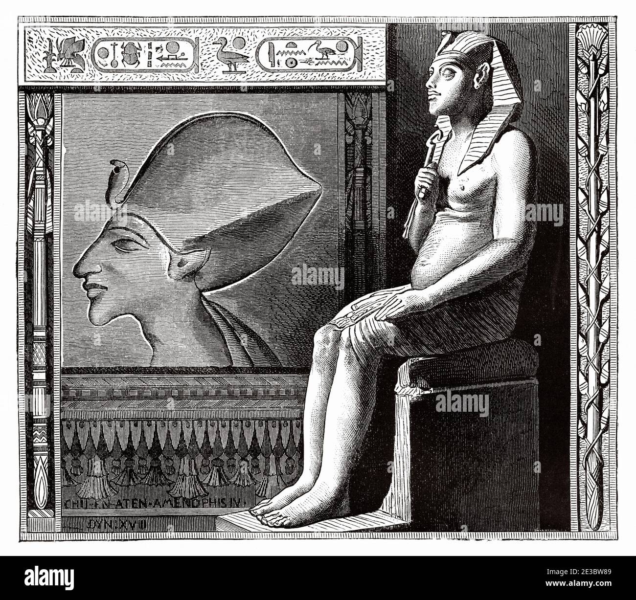 Akhenaten. Amenhotep IV heretic pharaoh, Ancient Egypt. Old 19th century engraved illustration, El Mundo Ilustrado 1880 Stock Photo
