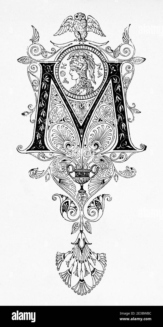 19th century design, Initial letter M. Old 19th century engraved illustration, El Mundo Ilustrado 1880 Stock Photo