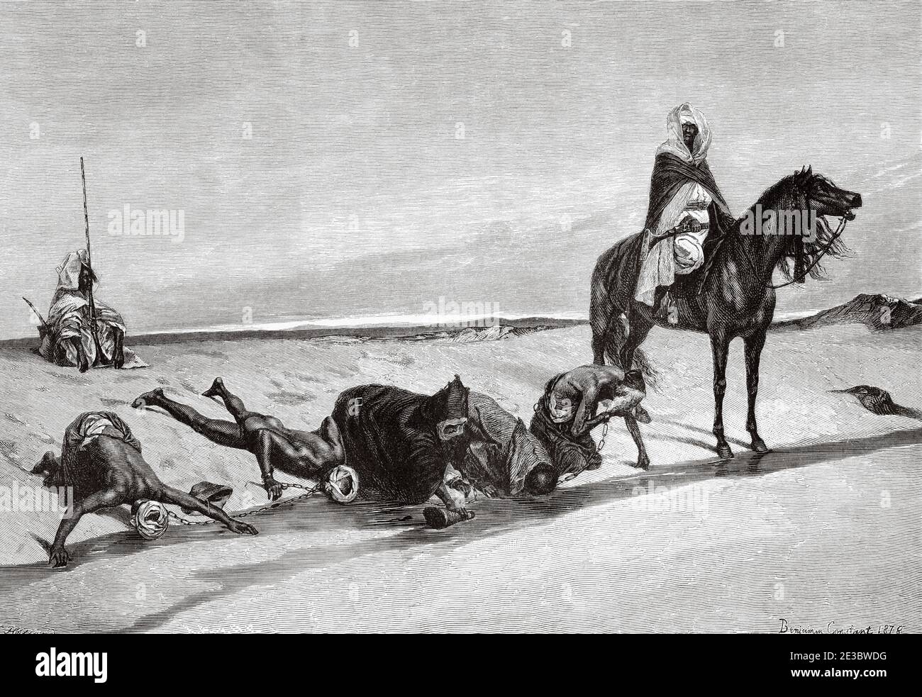 Slave caravan with camels during a rest stop, Great Desert of Sahara, Africa. Old 19th century engraved illustration, El Mundo Ilustrado 1880 Stock Photo