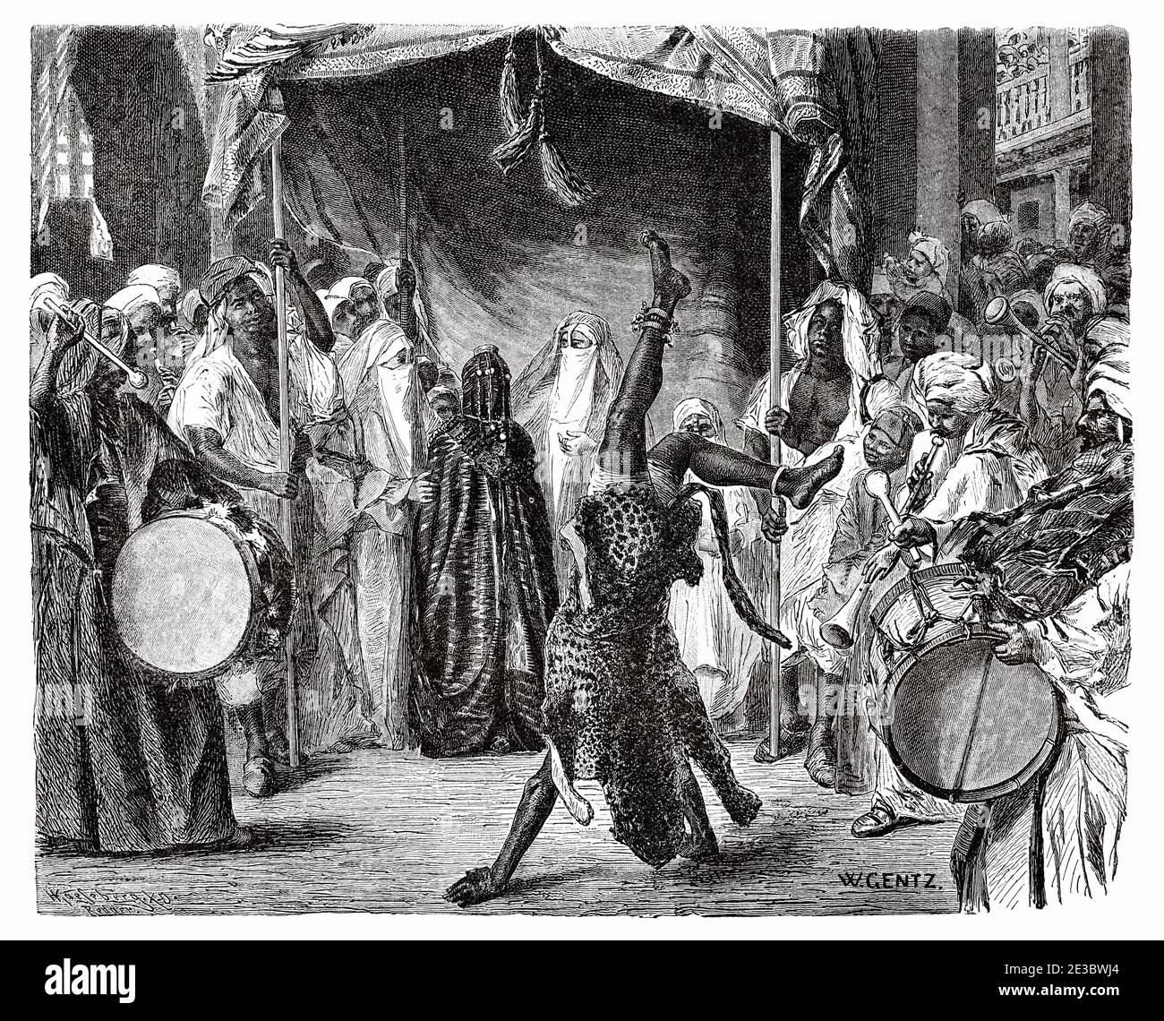 An Arab Wedding Procession at Cairo, Ancient Egypt. Old 19th century engraved illustration, El Mundo Ilustrado 1880 Stock Photo