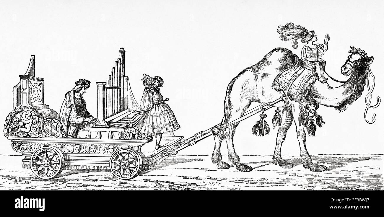 The organist Paul Hoffaner playing in a carriage drawn by a camel, by Albrecht Durer. Old 19th century engraved illustration, El Mundo Ilustrado 1880 Stock Photo