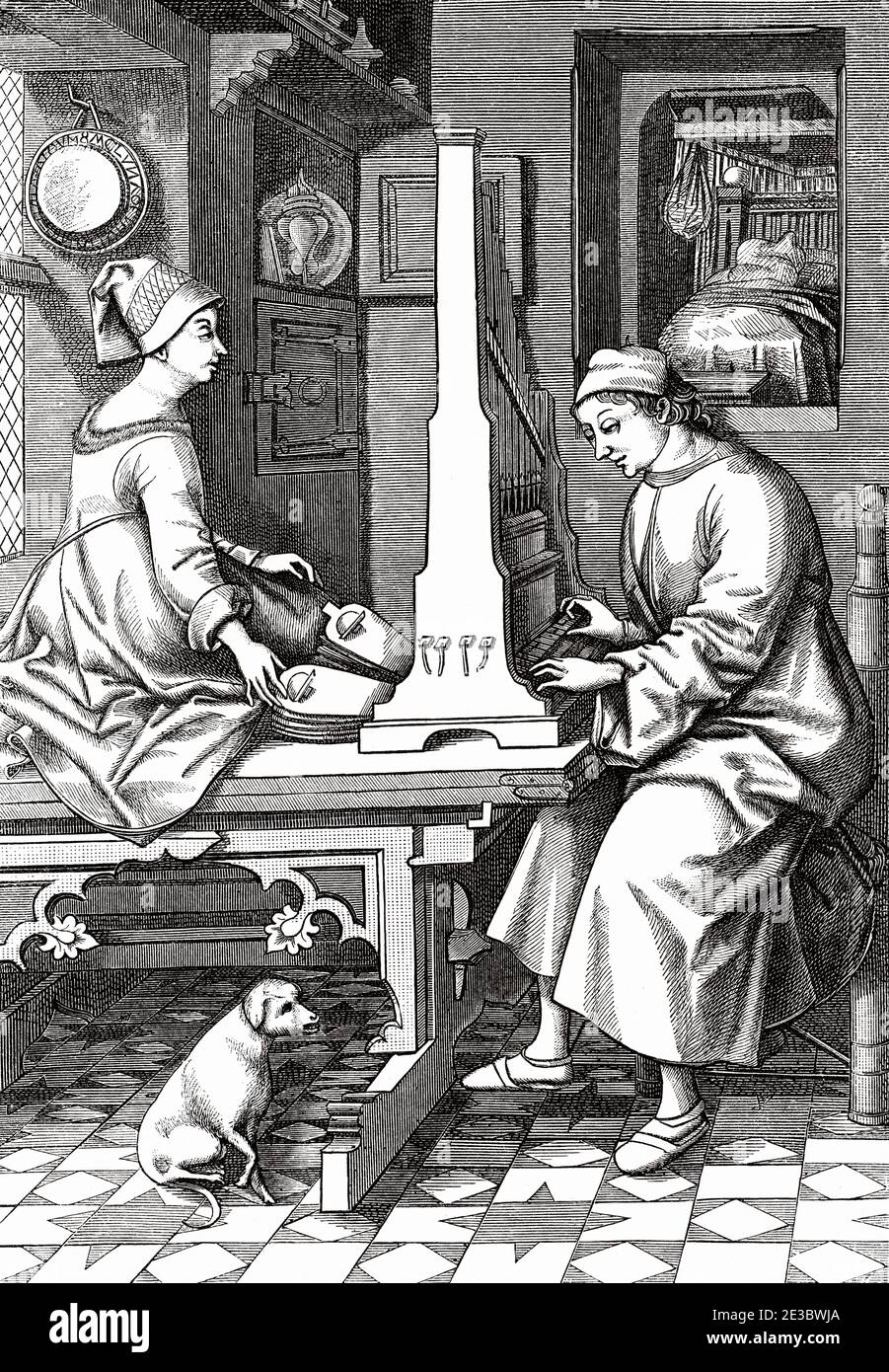 German musician executing a piece of music upon a portable organ, 15th century, by Israel van Mecken. Old 19th century engraved illustration, El Mundo Ilustrado 1880 Stock Photo