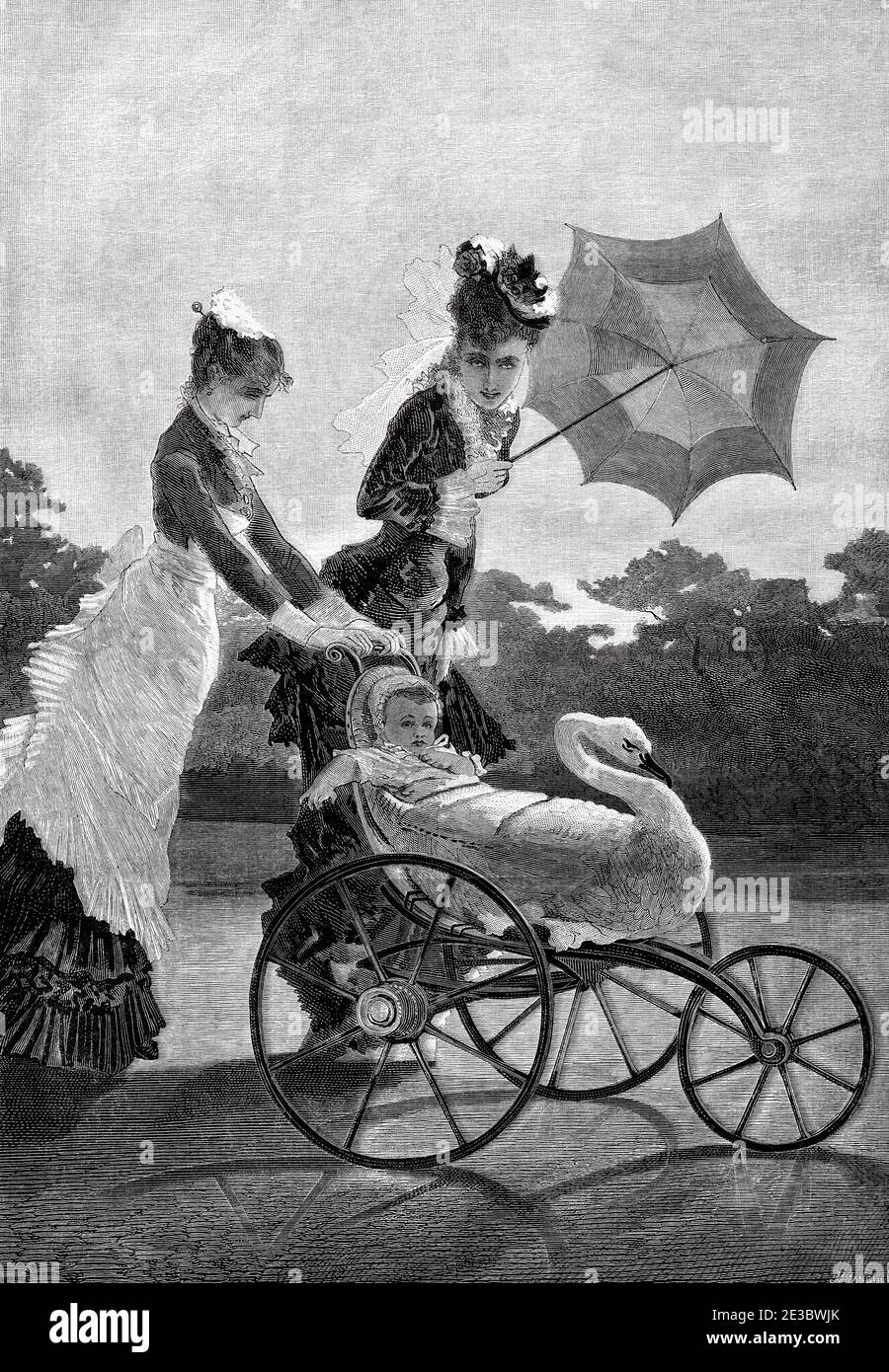 19th century lady and nursemaid strolling a baby in a stroller, picture of  the Spanish painter Josep Llovera i Bufill (1846 - 1896). Old 19th century  engraved illustration, El Mundo Ilustrado 1880 Stock Photo - Alamy