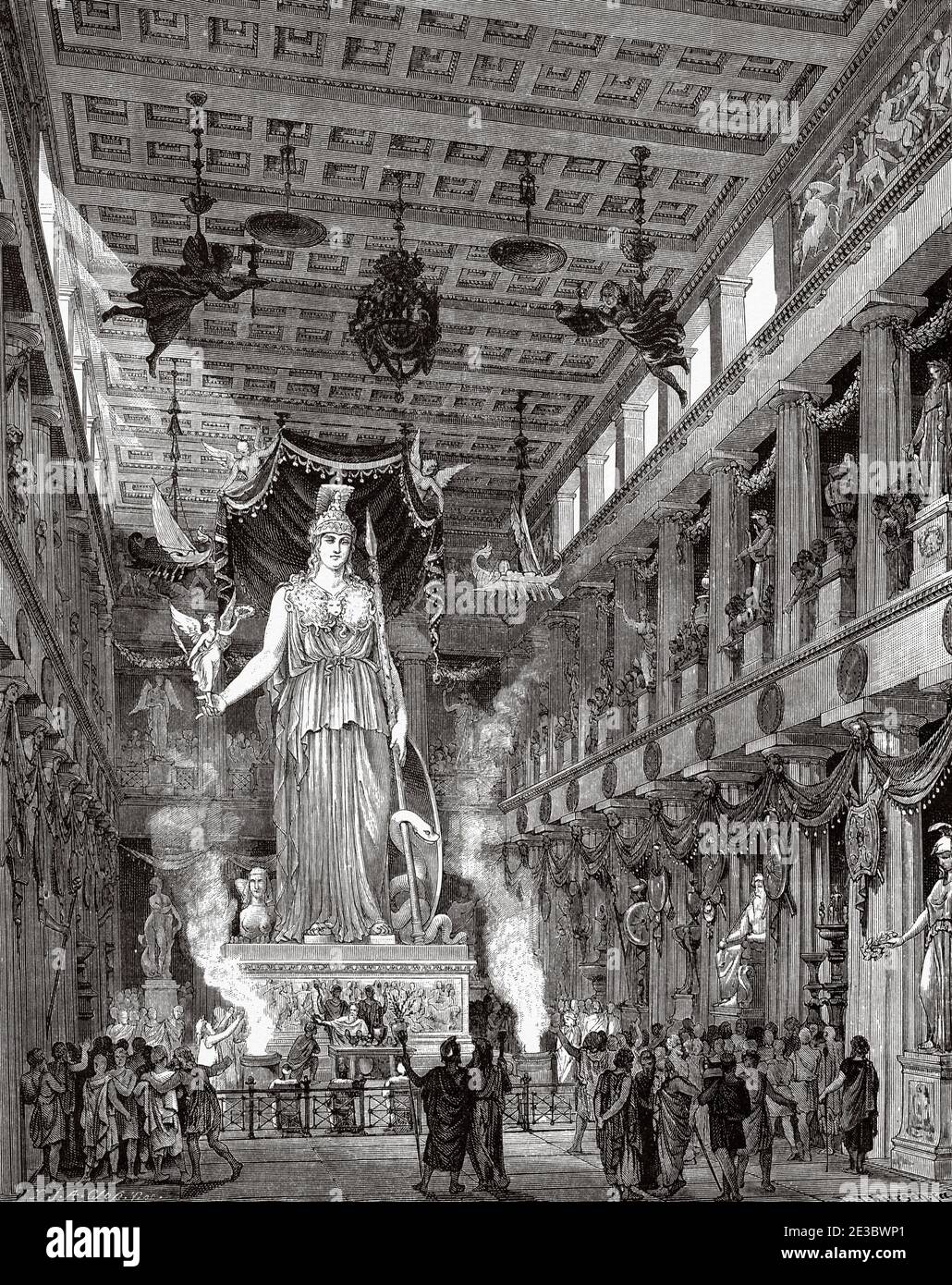 Artistic recreation of the Parthenon during the Classical period Statue of the Goddess Athena. Athens. Ancient Greece. Old 19th century engraved illustration, El Mundo Ilustrado 1880 Stock Photo