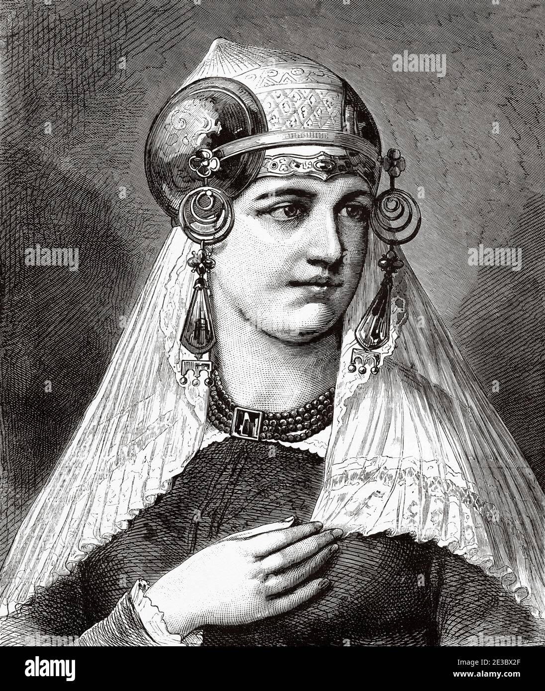 19th century woman dressed in the traditional clothing and ornaments of the dutch city of Vlaardingen The Netherlands. Old 19th century engraved illustration, El Mundo Ilustrado 1880 Stock Photo