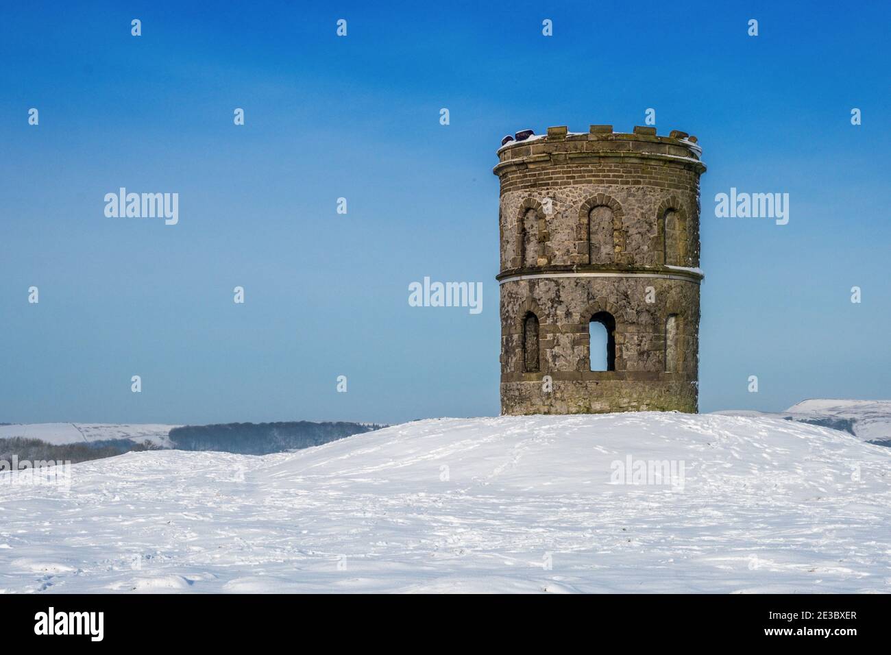 Winter view of Solomon's Temple, a folly on a hill overlooking Buxton, Derbyshire, UK Stock Photo