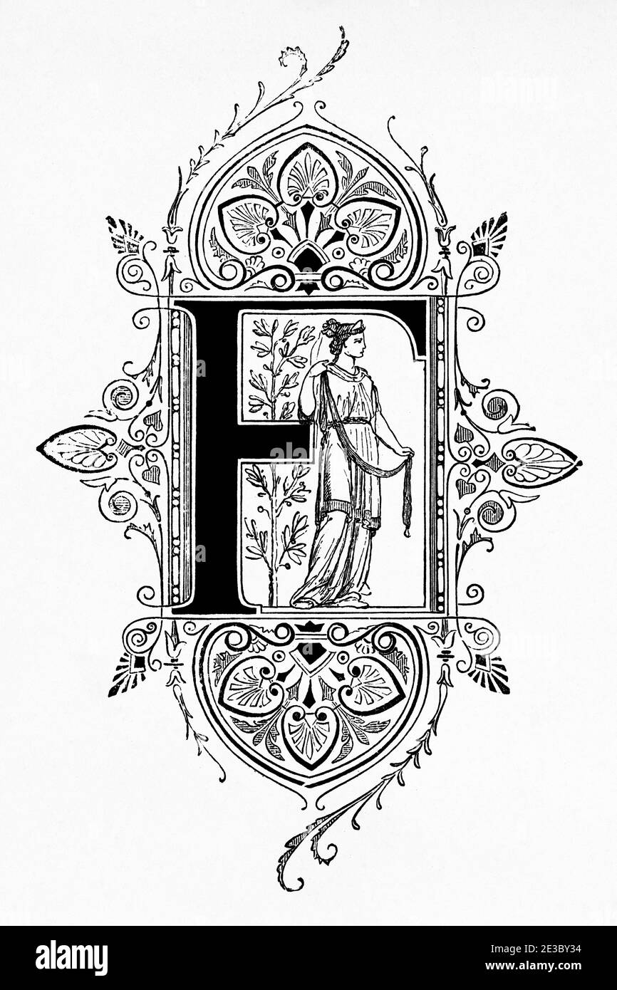 19th century design, Initial letter F. Old 19th century engraved illustration, El Mundo Ilustrado 1880 Stock Photo