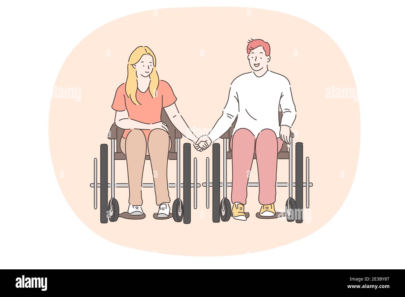 Disabled people on wheelchair living happy active lifestyle concept. Young  disabled happy couple cartoon characters in wheelchair sitting and holding  Stock Vector Image & Art - Alamy