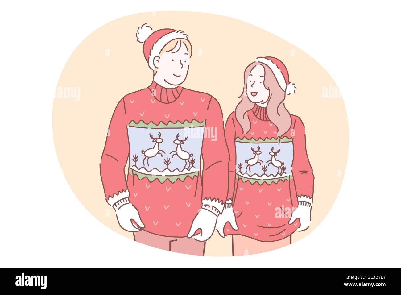 Christmas present, gift, celebration of New Year and winter holidays concept. Smiling young couple in same red sweaters in Santa hats looking at each Stock Vector