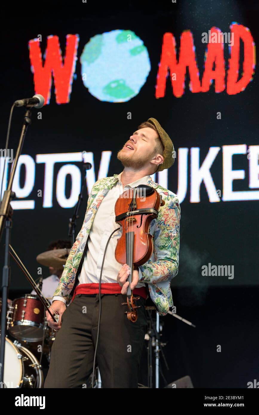 Sam Apley of Molotov Jukebox performing at the Womad Festival, Charlton Park, UK. July 24, 2015 Stock Photo