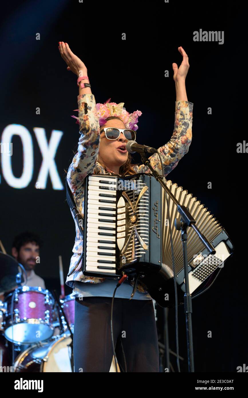 Natalia Tena of Molotov Jukebox performing at the Womad Festival, Charlton Park, UK. July 24, 2015 Stock Photo