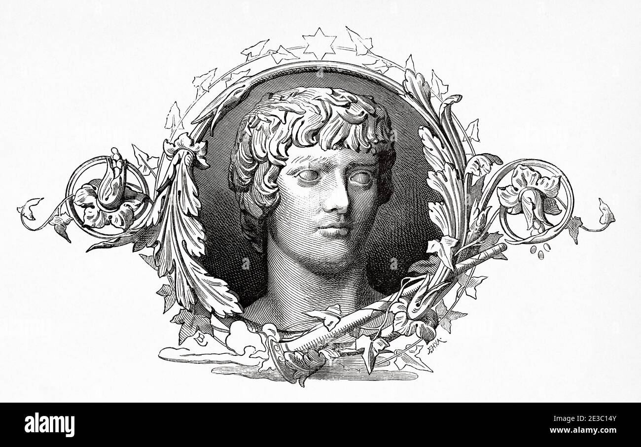 Portrait Roman Emperor Antinous, was a young man of great beauty, favorite and lover of the Roman emperor Hadrian, Italy, Ancient Rome. Old 19th century engraved illustration, El Mundo Ilustrado 1880 Stock Photo