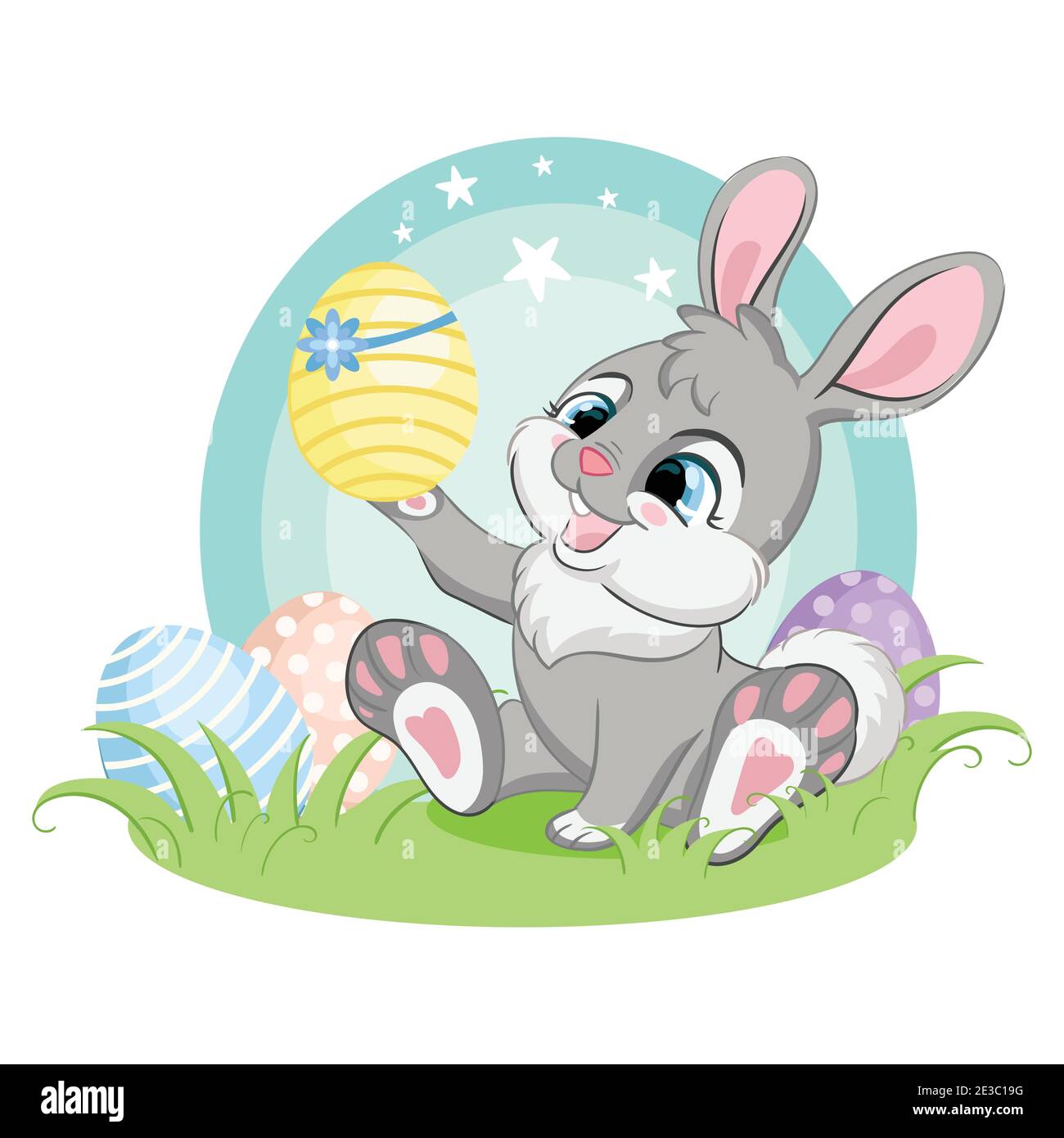 Cute gray bunny character admiring the Easter egg. Colorful illustration isolated on white background. Cartoon character rabbit easter concept for pri Stock Vector