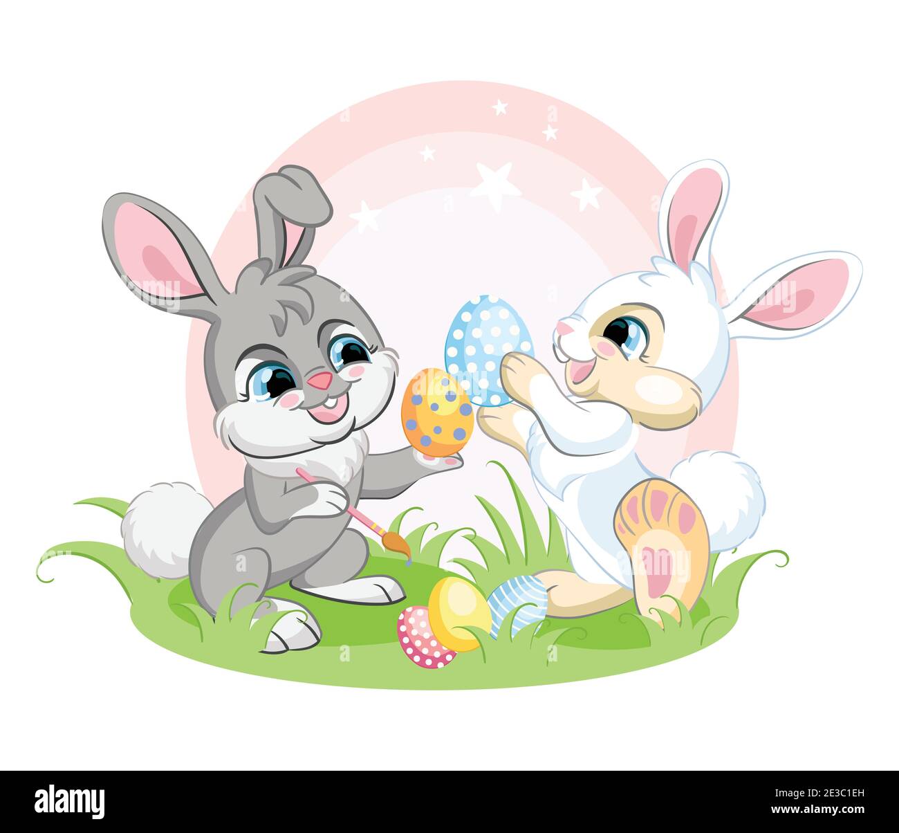 Cute white and gray bunnies paints Easter eggs. Colorful illustration isolated on white background. Cartoon character rabbit easter concept for print, Stock Vector