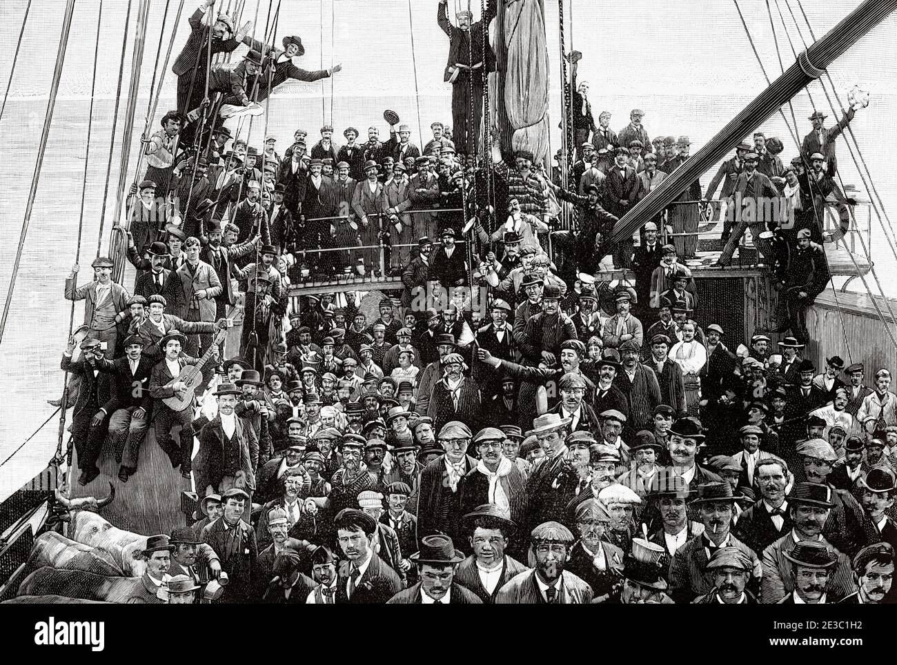 Boarding of Spanish volunteers on the steamboat San Francisco to go to the war in Cuba 1895. Montevideo, Uruguay. From La Ilustracion Española y Americana 1895 Stock Photo