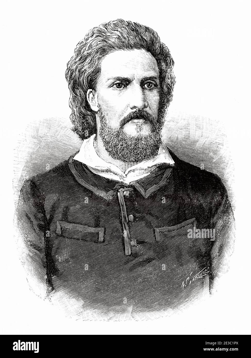 Portrait of Alexandre Alberto da Rocha de Serpa Pinto (1846-1900) Viscount of Serpa Pinto. Portuguese military man, politician, colonial administrator and explorer, remembered as a hero for his expedition in Africa. Portugal. Old XIX century engraved illustration from La Ilustracion Española y Americana 1890 Stock Photo