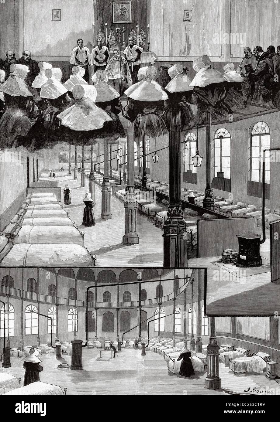 Field hospital in the Palace of Fine Arts to care for the sick from the influenza pandemic 1889-1890, Madrid. Spain. Old XIX century engraved illustration from La Ilustracion Española y Americana 1890 Stock Photo