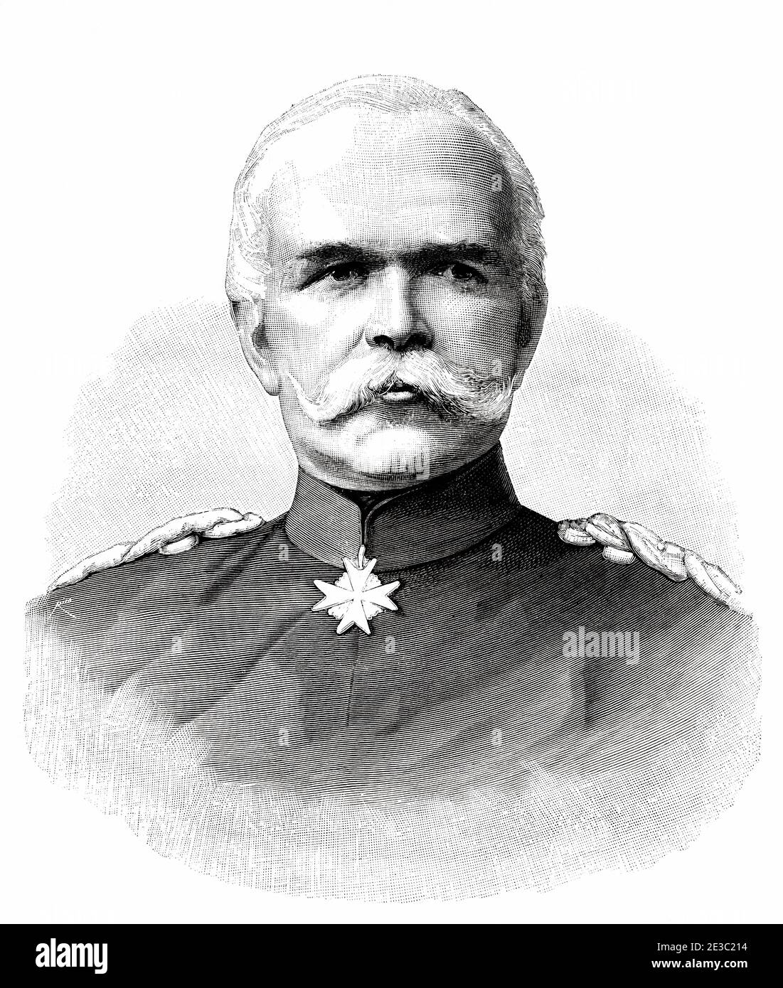 Portrait of Georg Leo Graf von Caprivi de Caprara de Montecuccoli (Charlottenburg 1831 - Messow 1899) German general and statesman, successor to Otto von Bismarck as Chancellor of Germany. Old XIX century engraved illustration from La Ilustracion Española y Americana 1890 Stock Photo