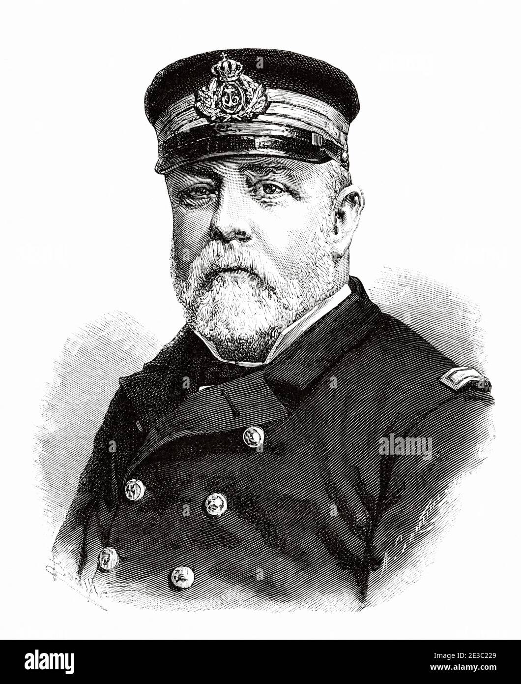 Portrait of Pascual Cervera y Topete (Medina Sidonia 1839 - Puerto Real 1909) admiral in the Spanish Navy, Commander of the armored ship Pelayo, Spain. Old XIX century engraved illustration from La Ilustracion Española y Americana 1890 Stock Photo