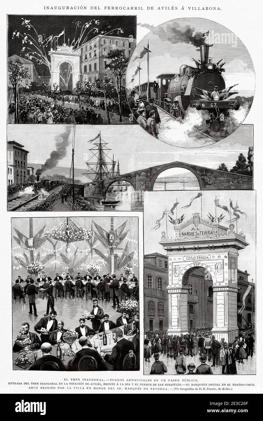 Inauguration of the railway from Avilés to Villabona, July 6, 1890, Asturias. Spain. Old XIX century engraved illustration from La Ilustracion Española y Americana 1890 Stock Photo