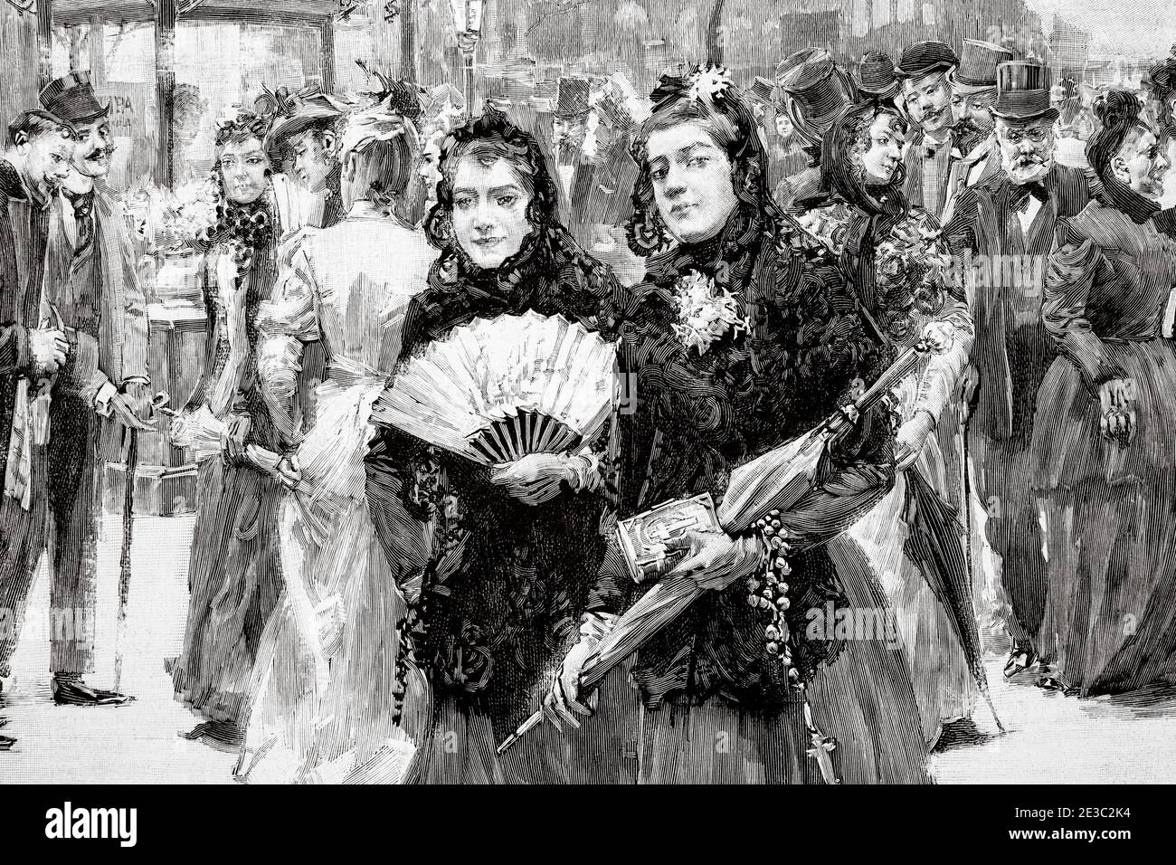 Typical Madrid characters from the 19th century visit Los Sagrarios, Madrid. Spain, Europe. Old XIX century engraved illustration from La Ilustracion Española y Americana 1894 Stock Photo