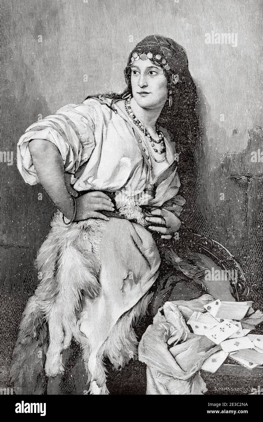 Portrait of an oriental gypsy reading the cards painting by G Hever. Old XIX century engraved illustration from La Ilustracion Española y Americana 1894 Stock Photo