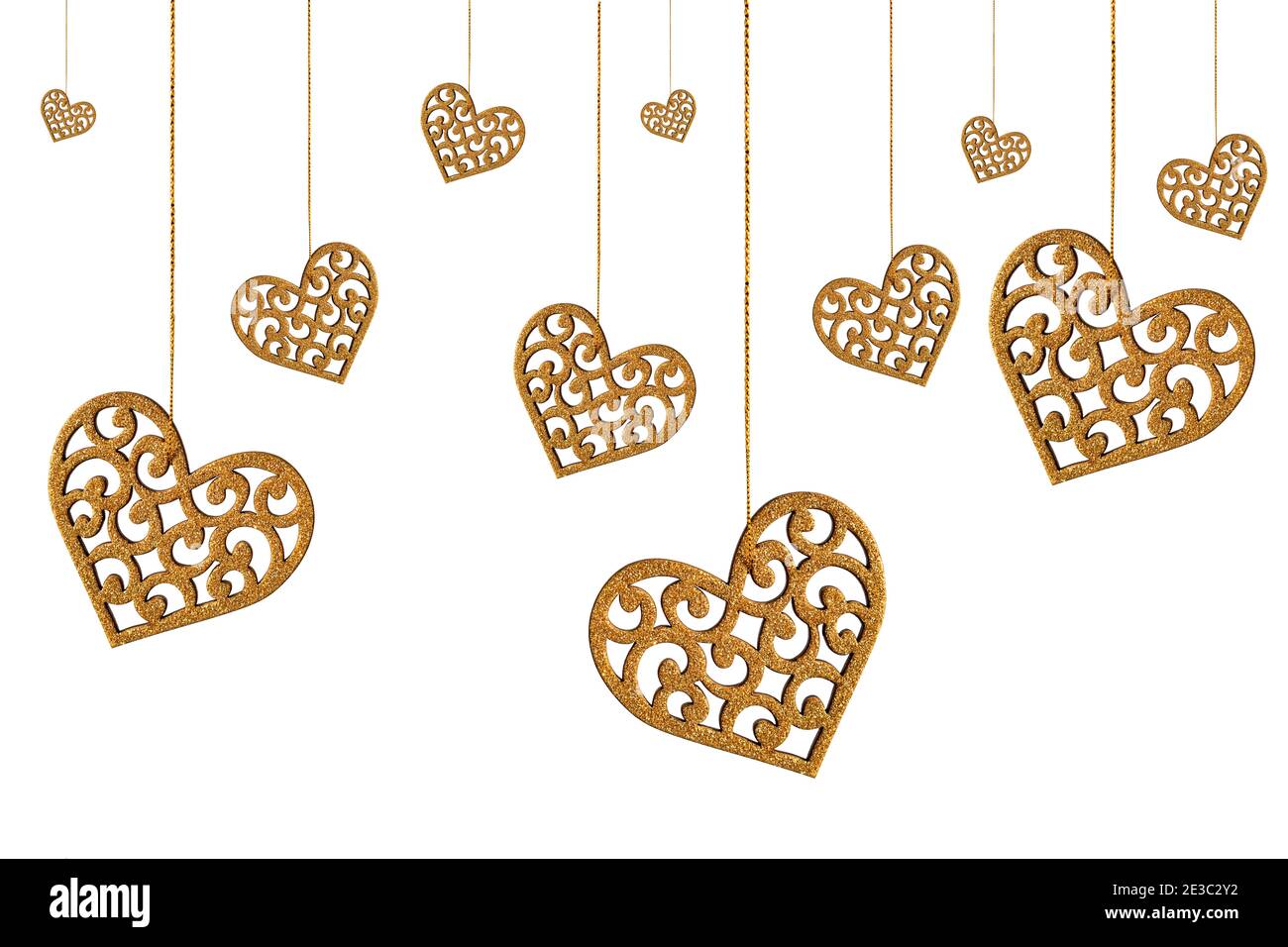 Seamless pattern with isolated yellow hearts with openwork cutout on a white background. Valentine's day or wedding concept. Stock Photo