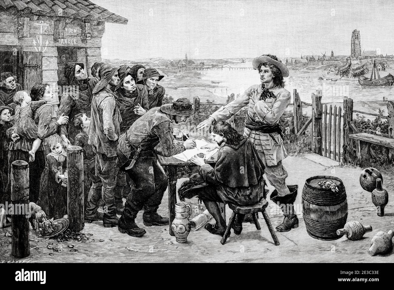 The French privateer Jean Bart recruiting soldiers in Dunkirk, France. Old XIX century engraved illustration from La Ilustracion Española y Americana 1894 Stock Photo