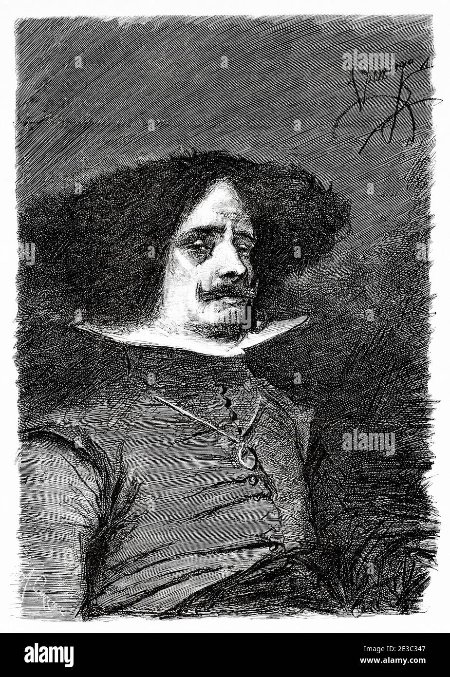 Portrait of Diego Rodríguez de Silva y Velázquez (Seville 1599 - Madrid 1660) known as Diego Velázquez, was a Spanish Baroque painter considered one of the greatest exponents of Spanish painting and master of universal painting. Spain. Old XIX century engraved illustration from La Ilustracion Española y Americana 1894 Stock Photo