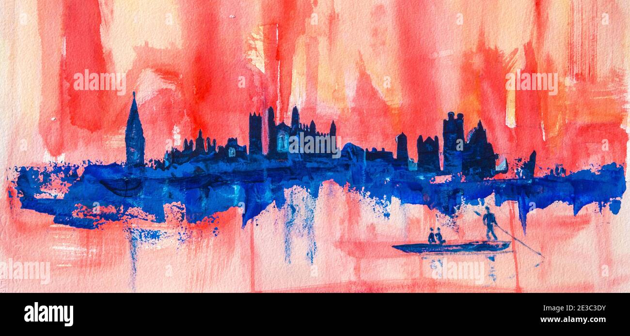 Red and blue abstract painting of Cambridge city skyline with punt and Colleges in silhouette. Original canvas on Arches watercolour paper Stock Photo