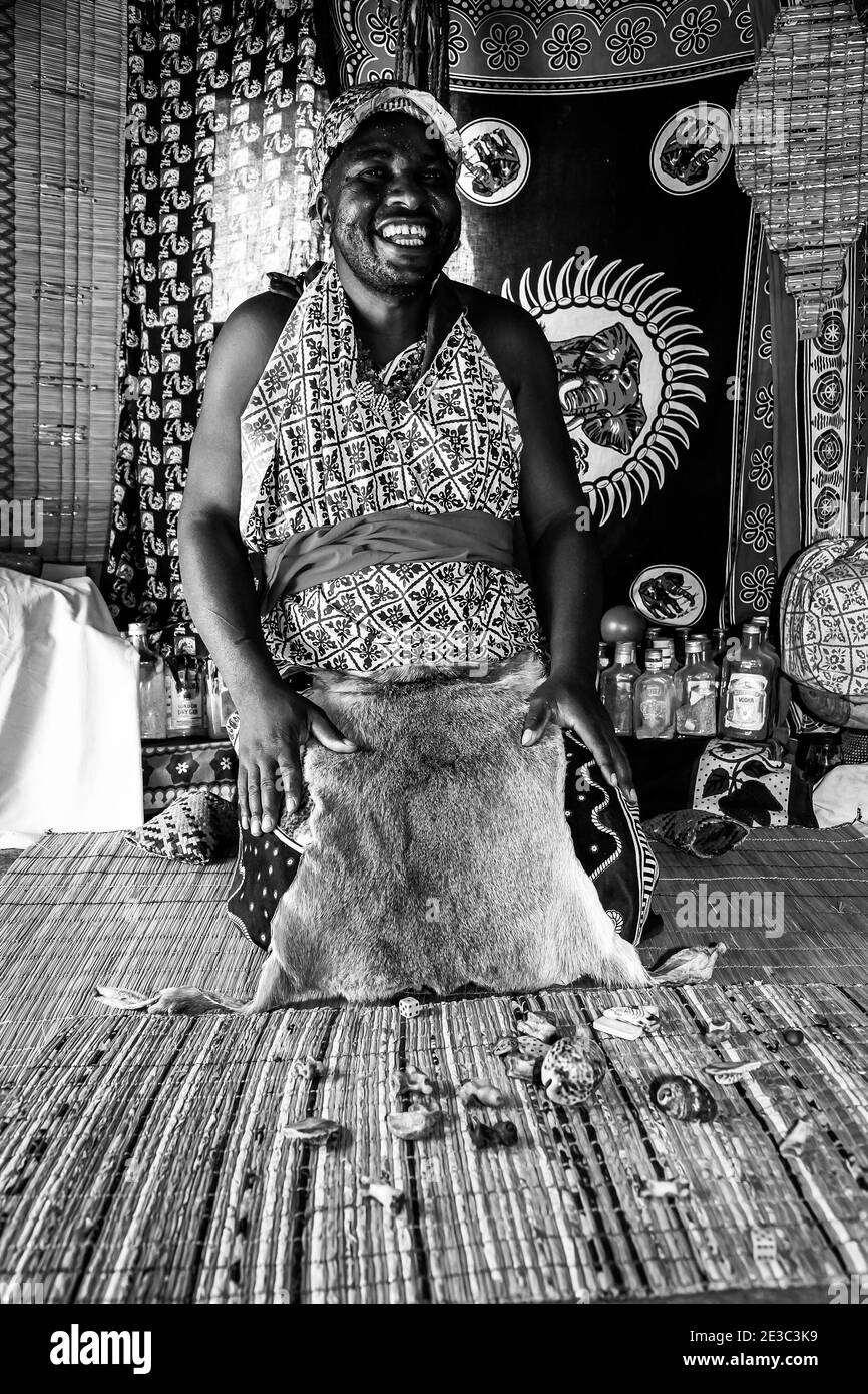 JOHANNESBURG, SOUTH AFRICA - Jan 05, 2021: Sabi Sabi, South Africa - May 5, 2012: African Male Traditional Healer known as a Sangoma or witch-doctor p Stock Photo