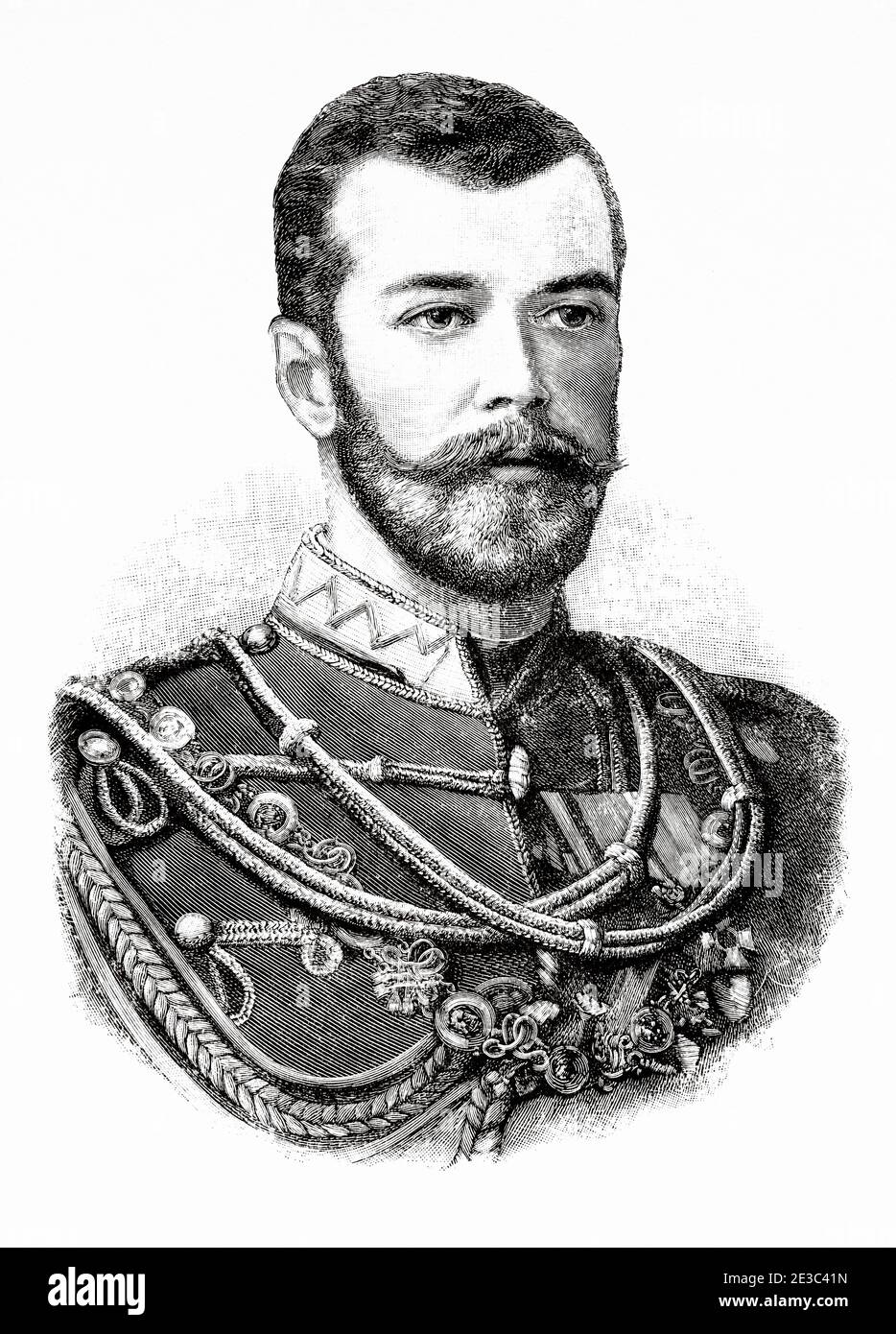 Portrait of Tsar Nicholas II of Russia. Nikolai II Alexandrovich Romanov (1868-1918) the last emperor of all Russia, ruling from November 1, 1894 to March 15, 1917. Old XIX century engraved illustration from La Ilustracion Española y Americana 1894 Stock Photo