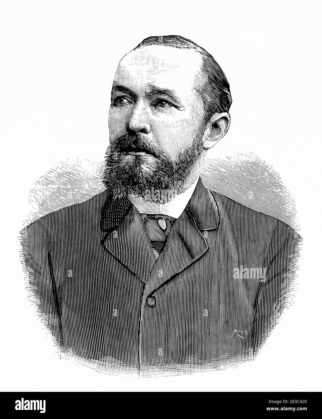 Portrait of Emil von Behring (1854 - 1917) German physiologist who received the 1901 Nobel Prize in Medicine for his discovery of a diphtheria antitoxin. Germany. Old XIX century engraved illustration from La Ilustracion Española y Americana 1894 Stock Photo
