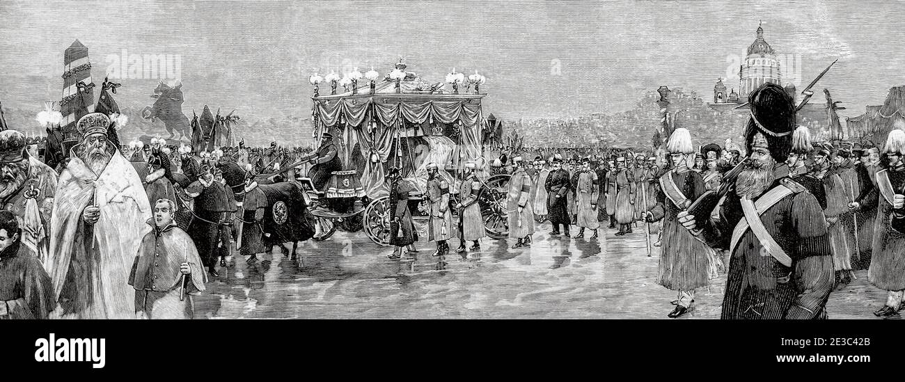 Funeral procession of Tsar Alexander III (1845-1894) Emperor of Russia, heading towards Saints Peter and Paul Cathedral, Saint Petersburg, Russia. Old XIX century engraved illustration from La Ilustracion Española y Americana 1894 Stock Photo