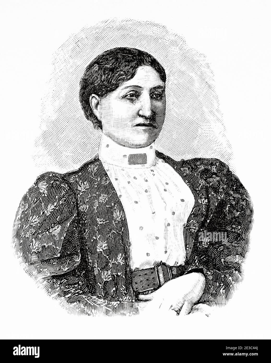 Portrait of Elizabeth Yates (Oman 1845 - 1918) was the mayor of Onehunga borough in New Zealand for most of 1894. She was the first female mayor anywhere in the British Empire. Old XIX century engraved illustration from La Ilustracion Española y Americana 1894 Stock Photo