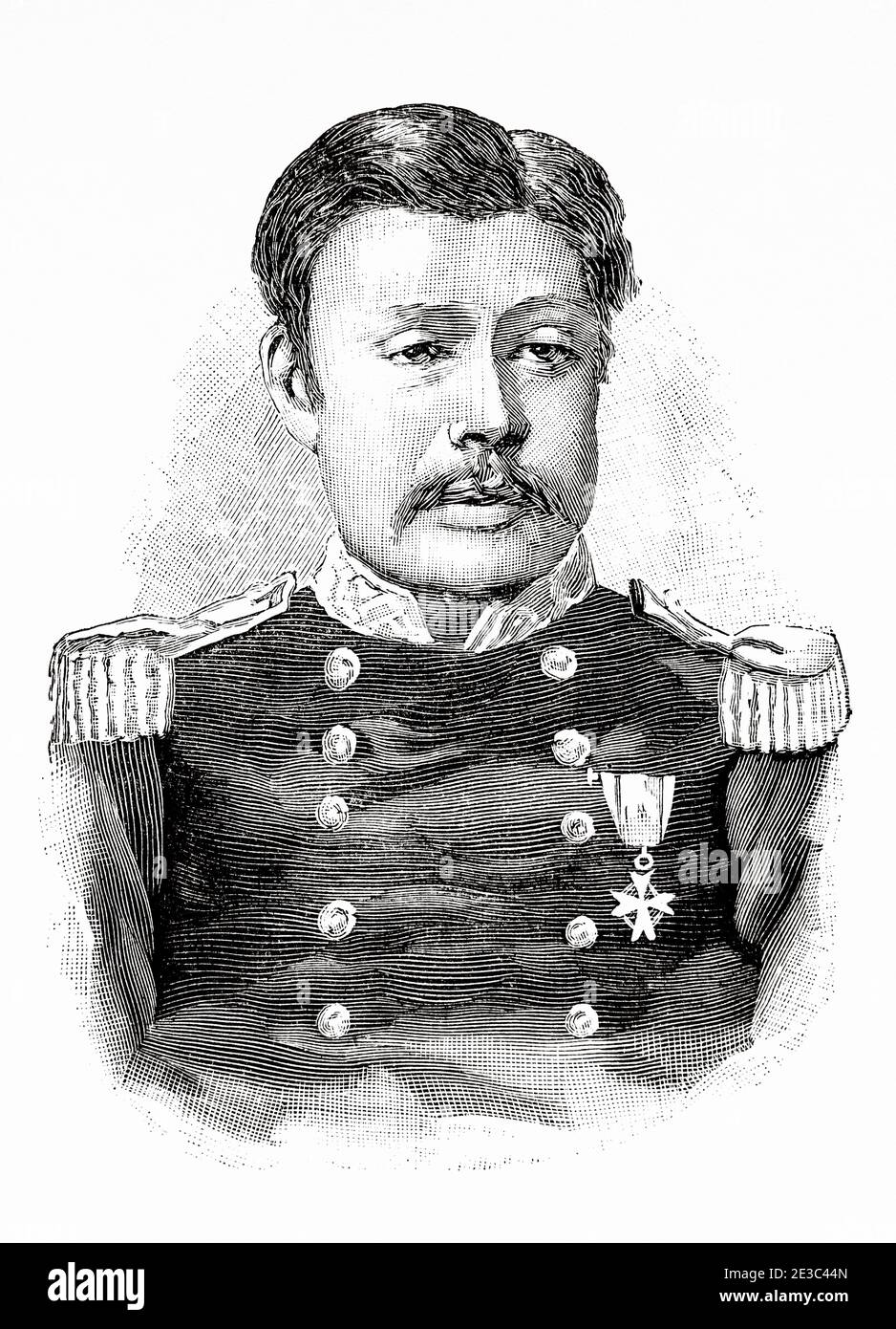 Portrait of Kabayama Sukenori (1837 - 1922) was a General of the Japanese Imperial Army and Admiral of the Japanese Imperial Navy. First Governor General of Japanese Taiwan. Old XIX century engraved illustration from La Ilustracion Española y Americana 1894 Stock Photo