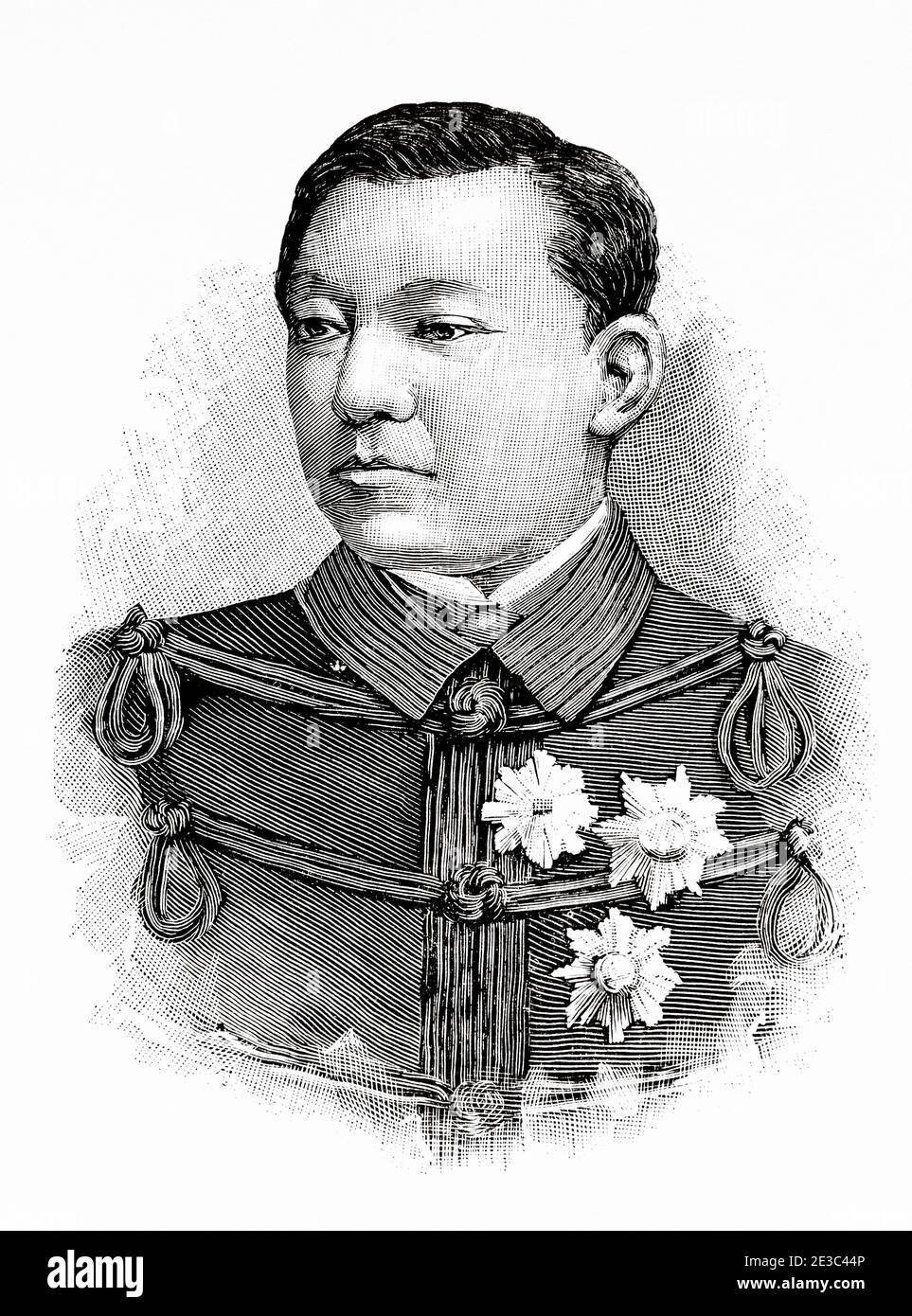 Portrait of Prince Oyama Iwao (1842-1916), Japanese military and politician. Japanese field marshal, and a founder of the Imperial Japanese Army, Japan. Old XIX century engraved illustration from La Ilustracion Española y Americana 1894 Stock Photo