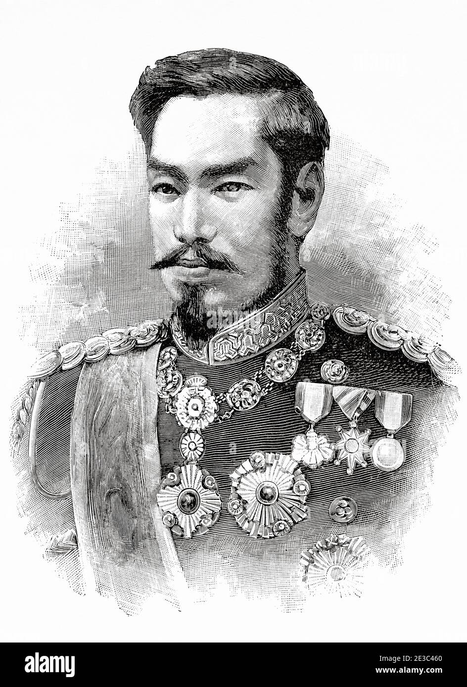 Portrait of The Japanese Emperor Meiji (1852-1912) Emperor of Japan from 1867 to 1912. Japan. Old XIX century engraved illustration from La Ilustracion Española y Americana 1894 Stock Photo