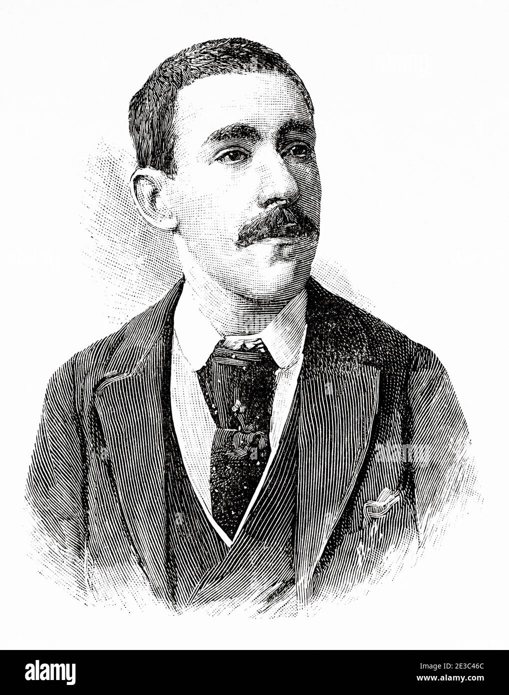 Portrait of Ricardo Viñes Roda (Lerida 1875 - Barcelona 1943), was a Spanish pianist, he triumphed throughout Europe as an interpreter and popularizer of modern French and Spanish music, Spain. Old XIX century engraved illustration from La Ilustracion Española y Americana 1894 Stock Photo