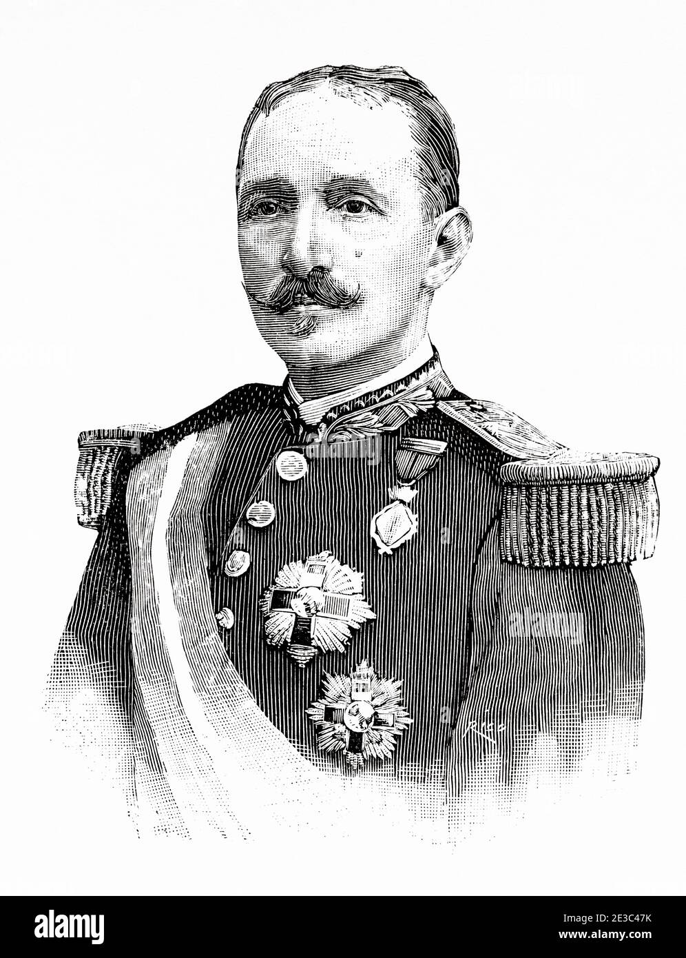 Portrait of Francisco de Paula de Borbón y Castellvi (Toulouse 1853 - Madrid 1942) was a Spanish nobleman, member of the Borbón family, and carnal cousin of King Alfonso XII from Spain. Old XIX century engraved illustration from La Ilustracion Española y Americana 1894 Stock Photo