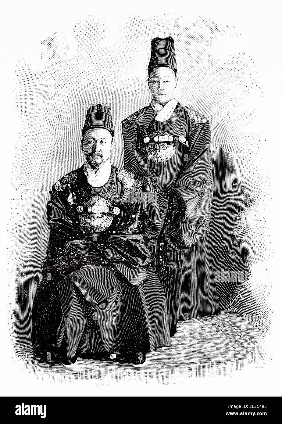 Portrait of Sunjong and his son. Emperor Yunghui (1874 - 1926), was the last emperor of the Joseon dynasty and of the Korean Empire in Korea, ruling from 1907 to 1910. Old XIX century engraved illustration from La Ilustracion Española y Americana 1894 Stock Photo