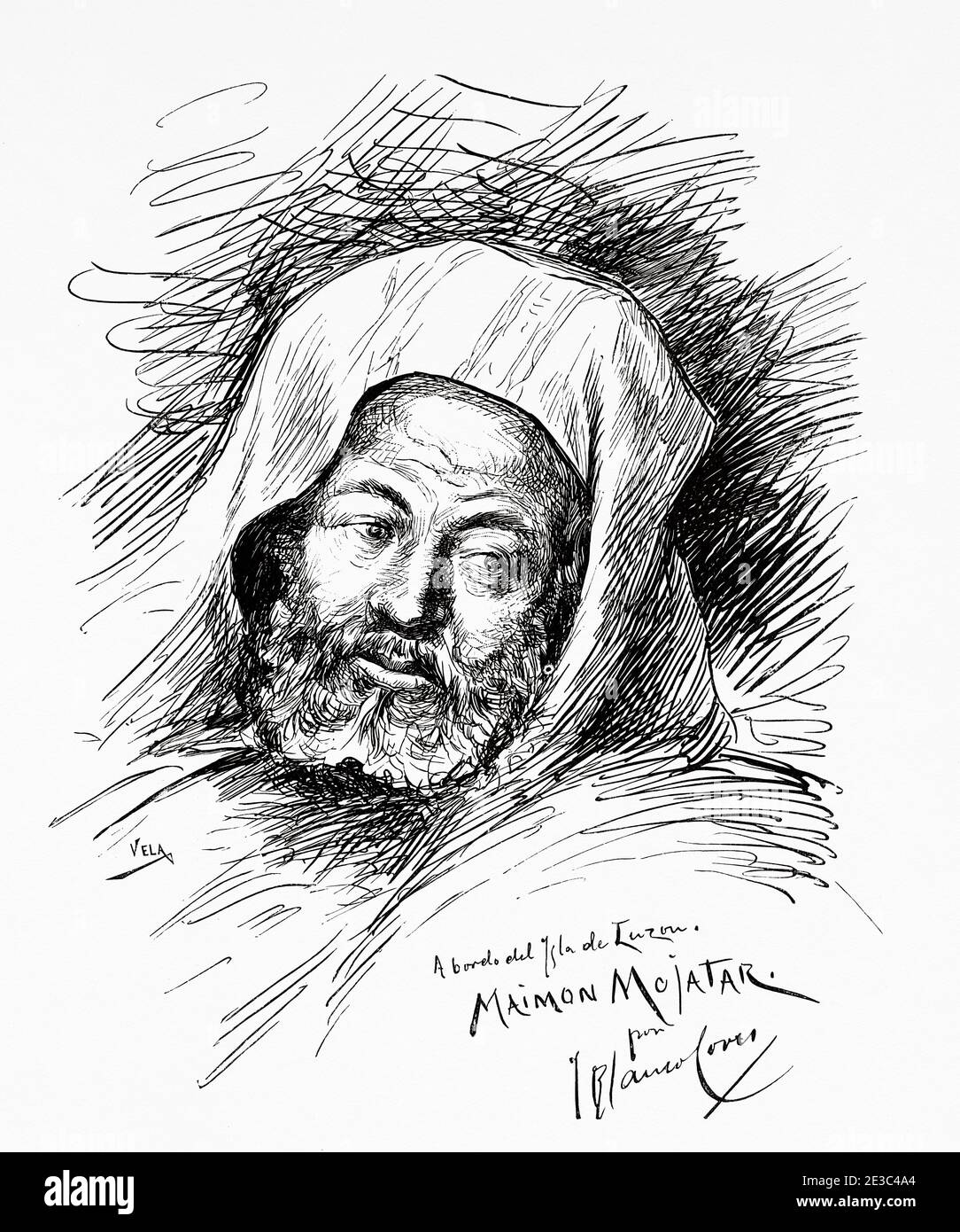 Portrait of Maimon Mohatar. The Melilla campaign of 1893 -1894. Old XIX century engraved illustration from La Ilustracion Española y Americana 1894 Stock Photo