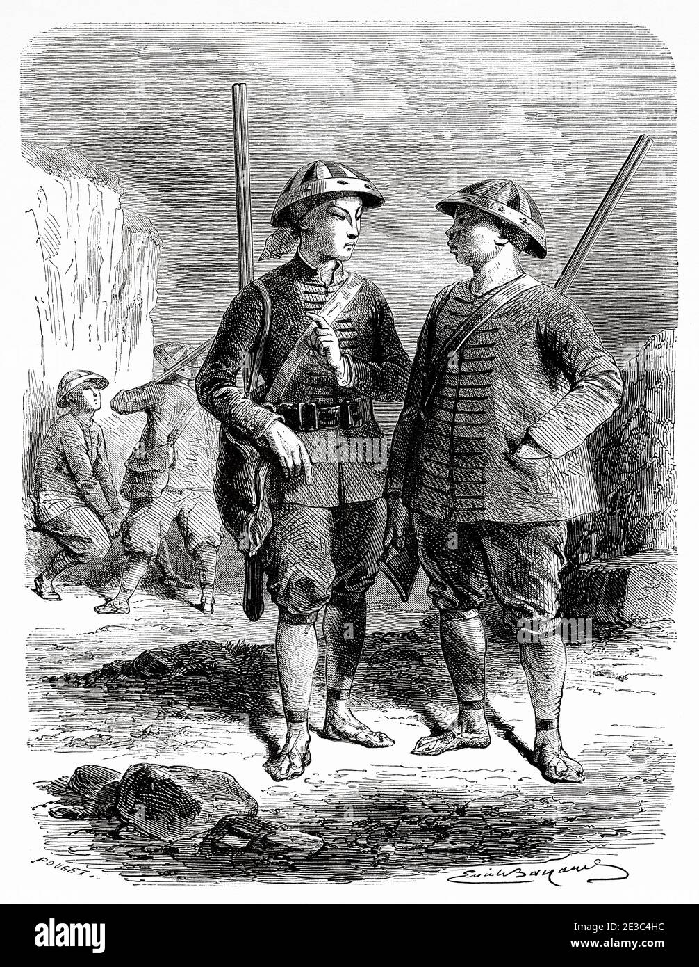 King of Taiping's bodyguards, China. Old XIX century engraved Journey from Shanghai to Moscow Le Tour du Monde 1864 Stock Photo