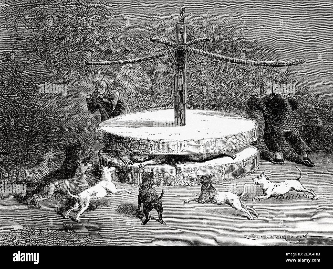 Terrifying Chinese torture instrument, China. Old XIX century engraved Journey from Shanghai to Moscow Le Tour du Monde 1864 Stock Photo