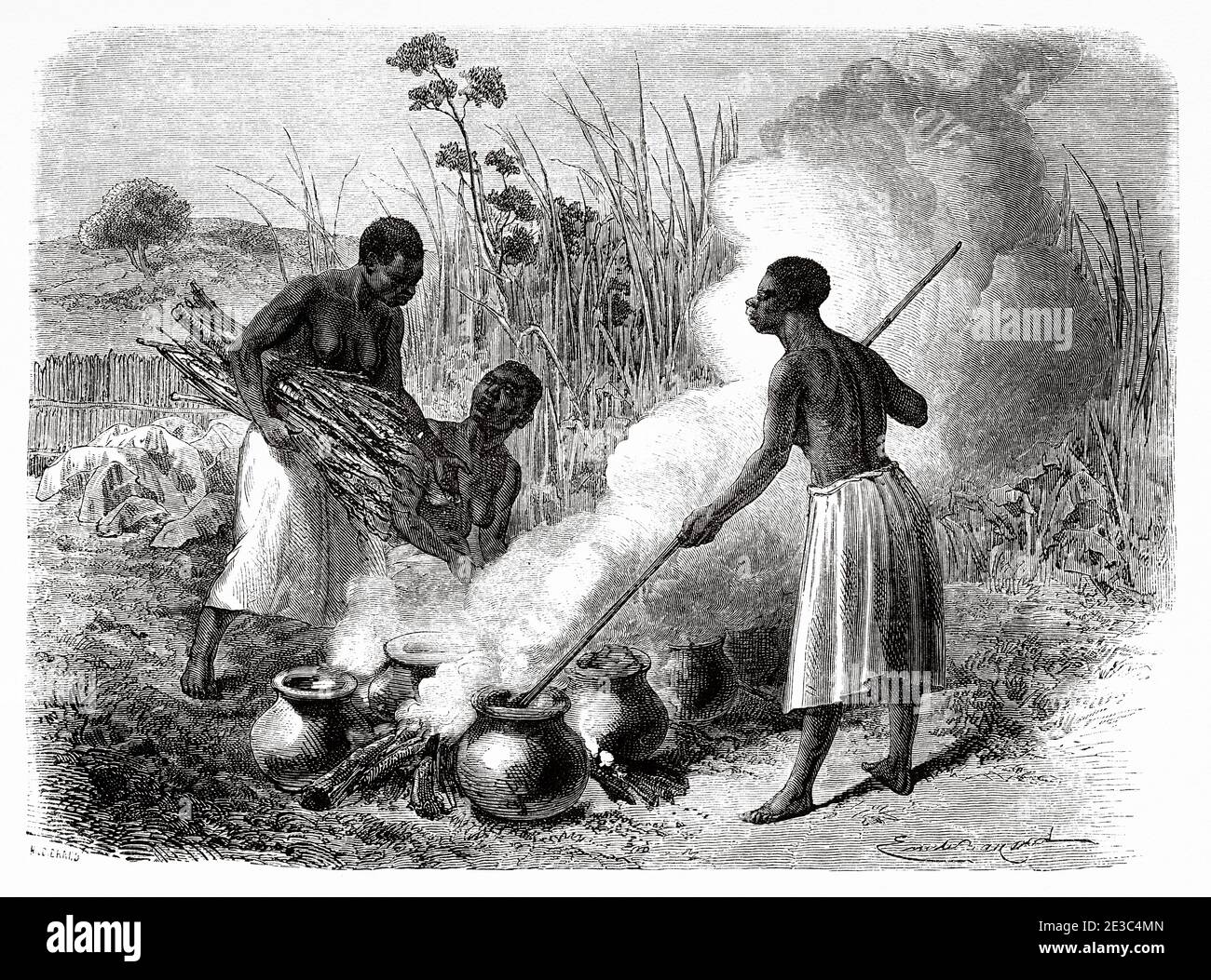 Beer making in Unyamwezi region, Tanzania, Africa. Old XIX century engraved from Le Tour du Monde 1864 Stock Photo