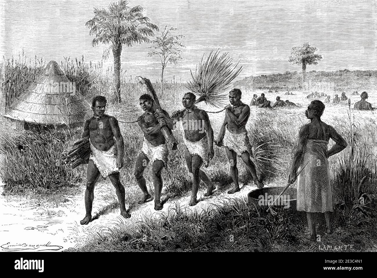 Slaves working in the Unyamwezi region, Tanzania, Africa. Old XIX century engraved from Le Tour du Monde 1864 Stock Photo